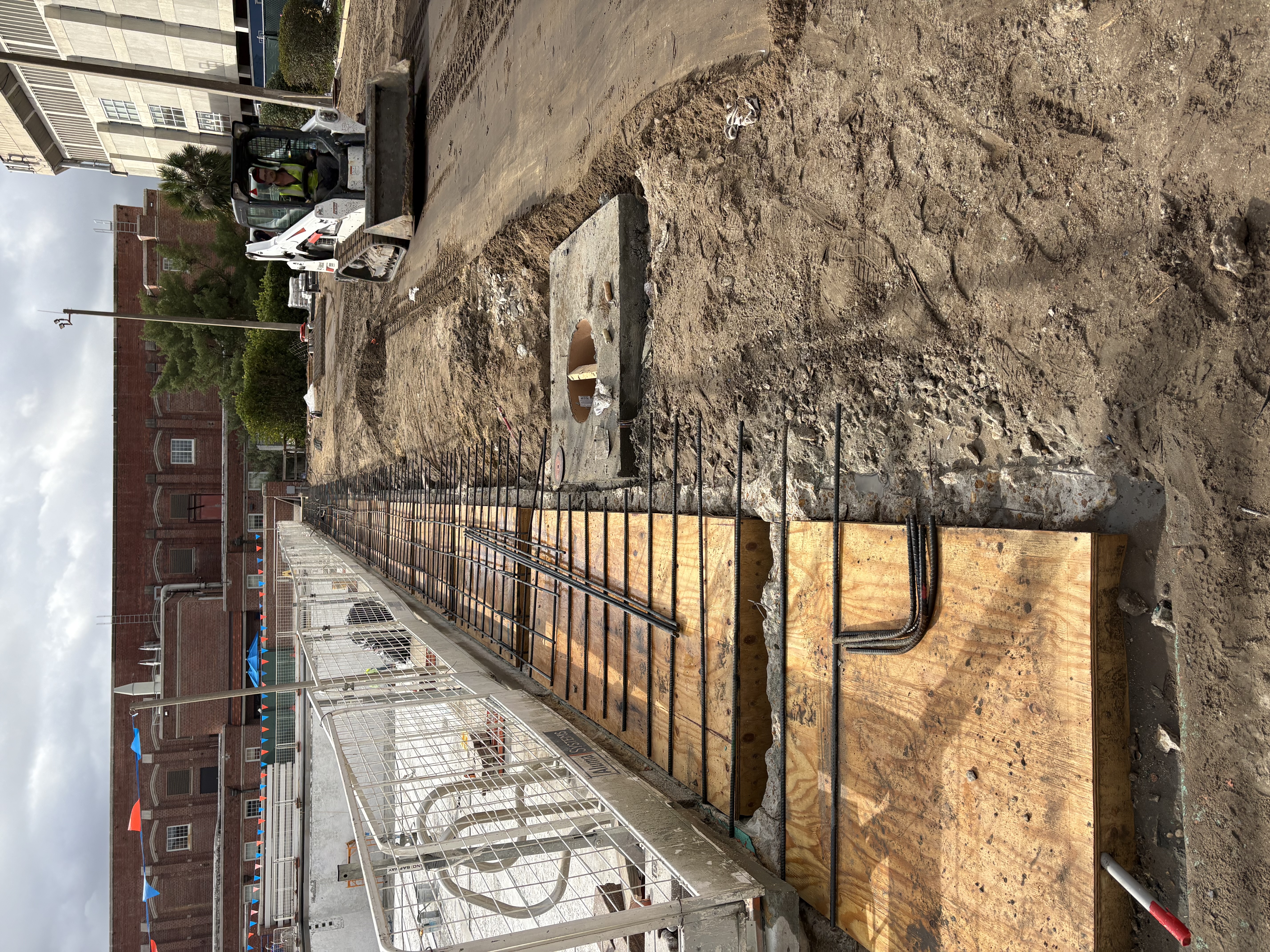 Detailed view of rebar and deck framing